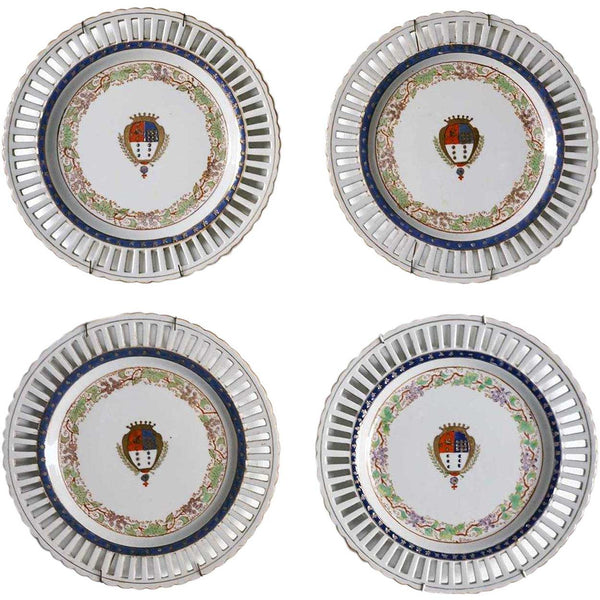 Set of Four Portuguese Chinese Export Style Porcelain Armorial Reticulated Plates