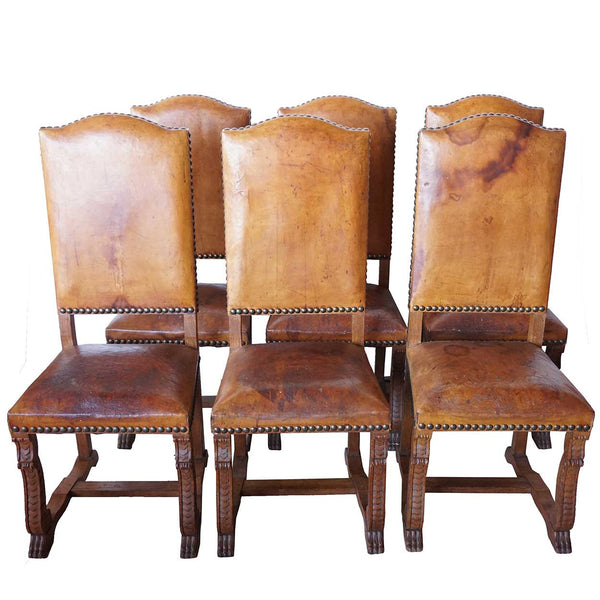 Set of 6 French Louis XIII Style Leather and Oak Dining Side Chairs