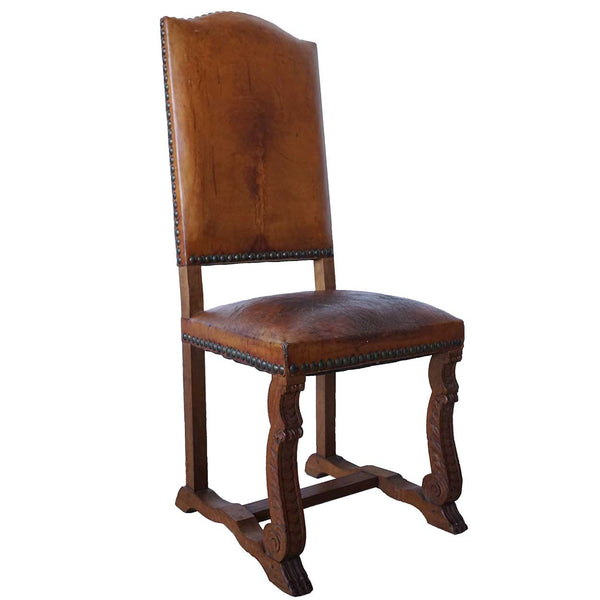 Set of 6 French Louis XIII Style Leather and Oak Dining Side Chairs