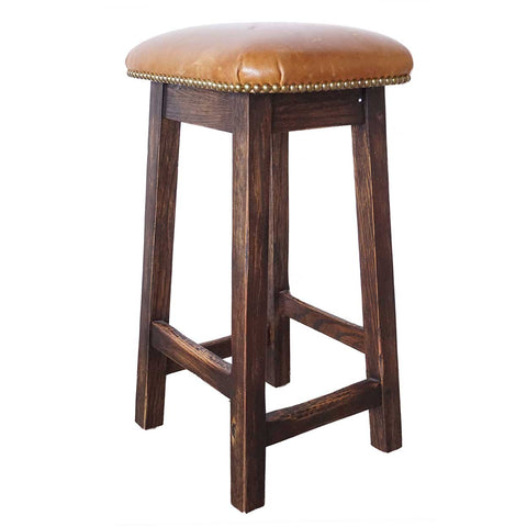 English Arts and Crafts Style Oak and Leather Custom Crafted Bar Stool