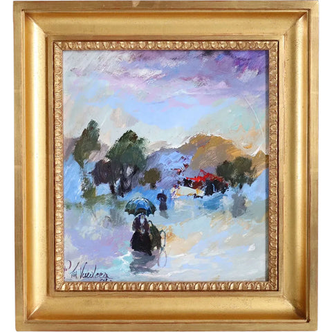 PINO LA VARDERA Oil on Artist's Board Painting, Figures Strolling in the Rain