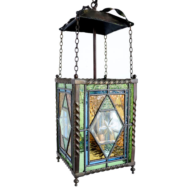 English Brass, Stained, Etched and Leaded Glass Two-Light Hanging Lantern
