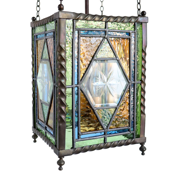 English Brass, Stained, Etched and Leaded Glass Two-Light Hanging Lantern