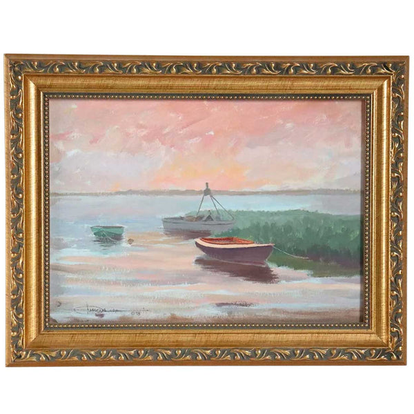 Signed American Oil on Artist Board Painting, Shoreline Boat Scene
