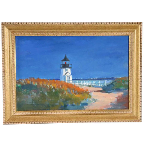 Small Signed American Oil on Artist's Board Painting, Brant Point Lighthouse, Nantucket