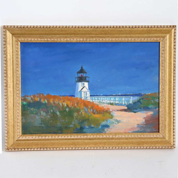 Small Signed American Oil on Artist's Board Painting, Brant Point Lighthouse, Nantucket