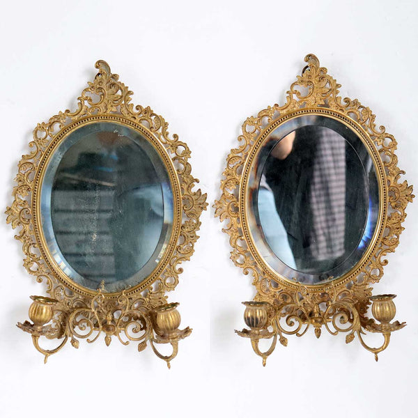 Pair of English Beveled Mirrored Brass Oval Two-Arm Candle Wall Sconces