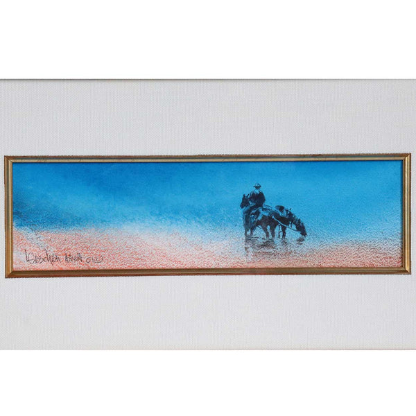 LINDA LOESCHEN Watercolor Painting, American West Landscape with Man on Horseback