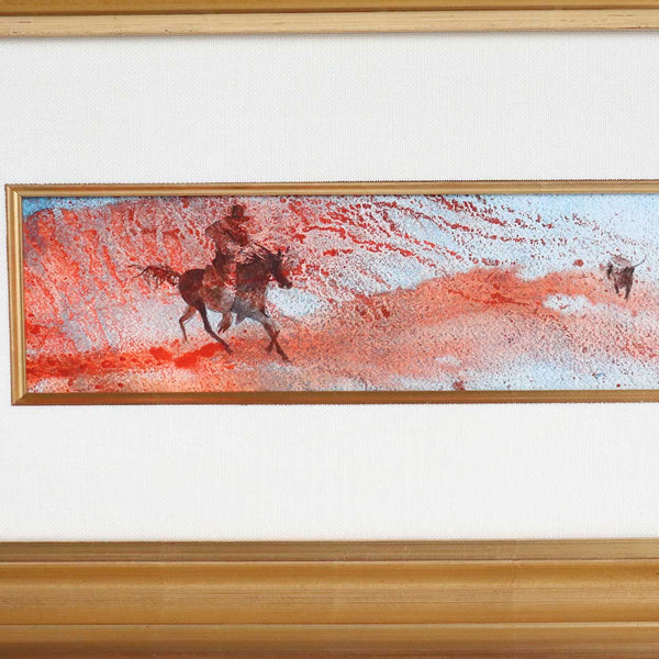 LINDA LOESCHEN Watercolor Painting, American West Landscape with Cowboy and Steer