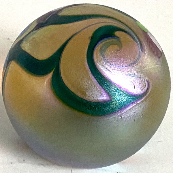 Vintage American Orient & Flume Art Glass Iridescent Gold Floral Paperweight