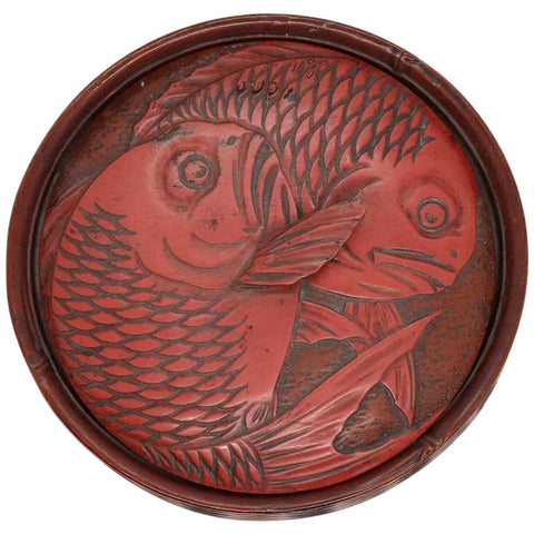 Small Japanese Cinnabar Red Lacquer Koi Fish Round Basket Box