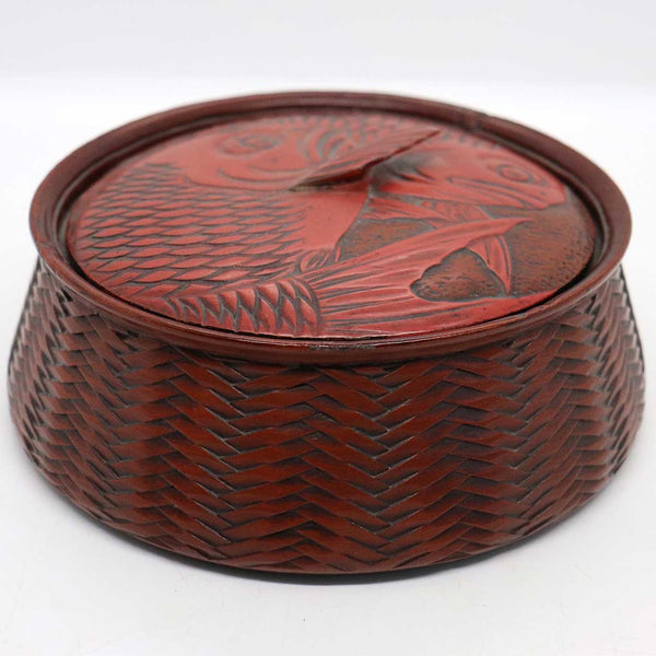 Small Japanese Cinnabar Red Lacquer Koi Fish Round Basket Box
