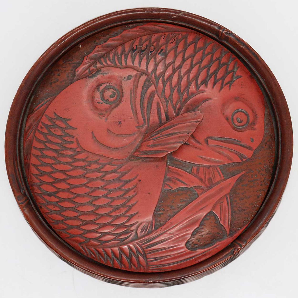 Small Japanese Cinnabar Red Lacquer Koi Fish Round Basket Box