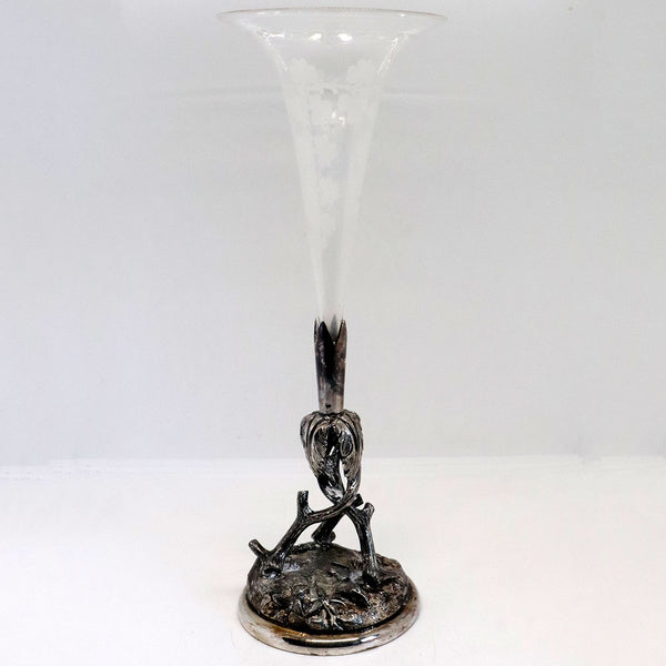 English Victorian Silverplate and Etched Glass Epergne Trumpet Centerpiece Vase