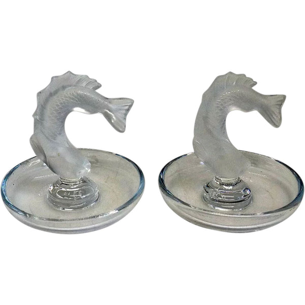Pair of Vintage French Lalique Crystal Leaping Goujon Fish Pin Trays