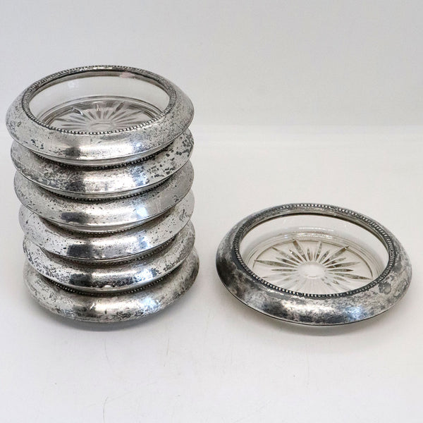 Set of 7 American Frank M. Whiting Silver Mounted and Cut Glass Round Coasters