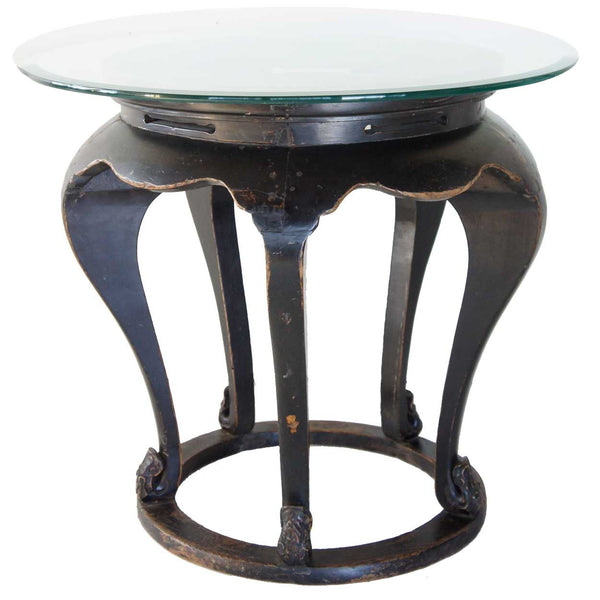 Chinese Qing Black Elm and Glass Round Five-Leg Center Table
