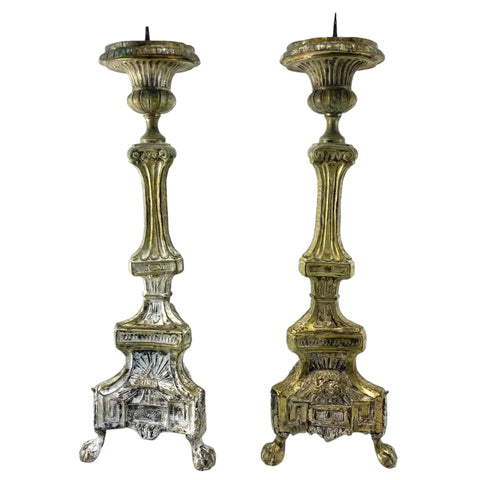 Pair of Tall French Baroque Style Brass Repousse Pricket Altar Candlesticks