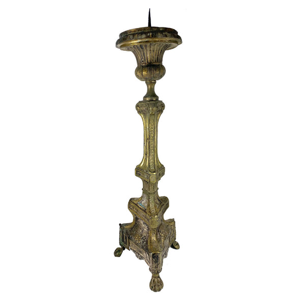 Pair of Tall French Baroque Style Brass Repousse Pricket Altar Candlesticks