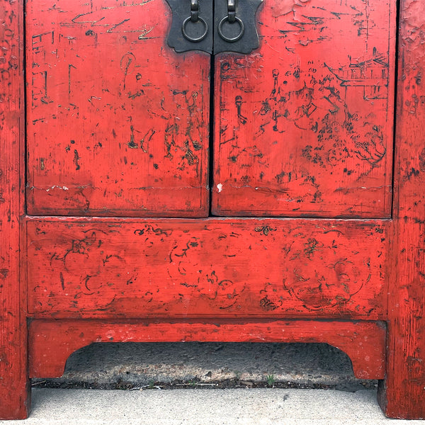 Chinese Qing Red Lacquer Wooden Side Cabinet