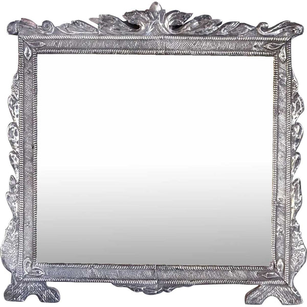 Rare Large Indo-Portuguese Silver Mounted Teak Framed Mirror