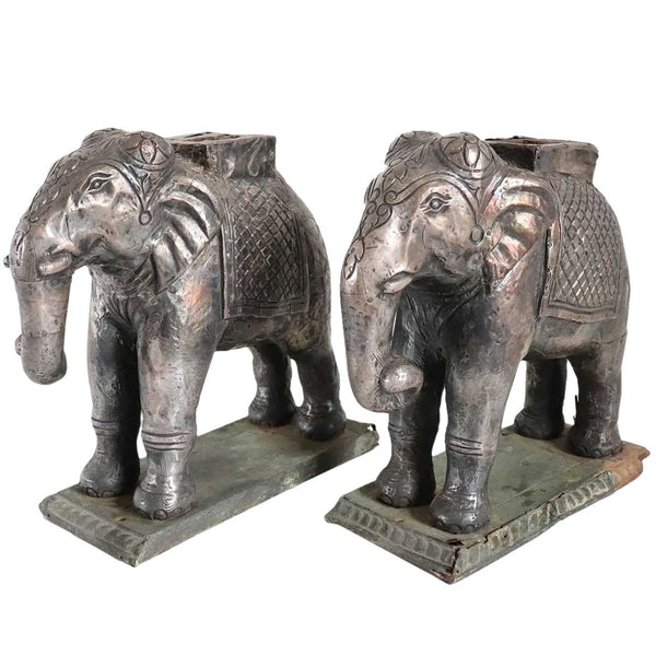 Pair of Indian Silver Mounted on Teak Elephant Statues