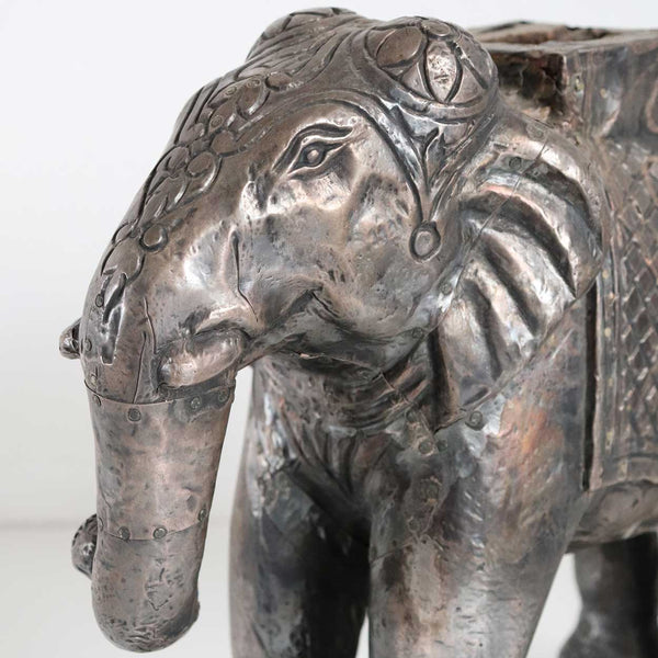 Pair of Indian Silver Mounted on Teak Elephant Statues