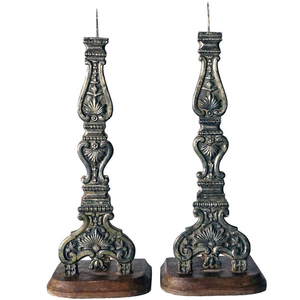 Large Pair of Indo-Portuguese Baroque Style Silver Mounted Altar Candlesticks