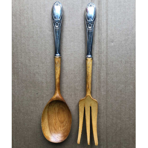 Two-Piece Vintage American Frank M. Whiting Sterling Silver and Wood Colonial Rose Salad Servers