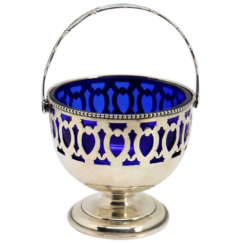 American Dominick & Haff for J. E. Caldwell Sterling Silver and Cobalt Glass Sugar Basket