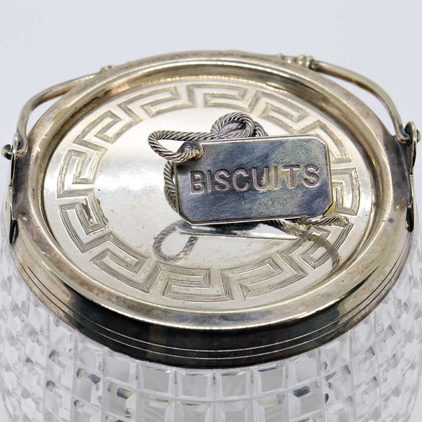 English Edwardian Silverplate Mounted Cut Glass Novelty Biscuit Barrel