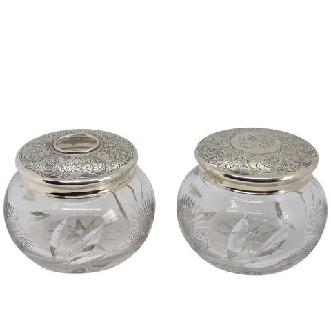 Pair of American Webster Sterling Silver and Cut Glass Dresser Jars