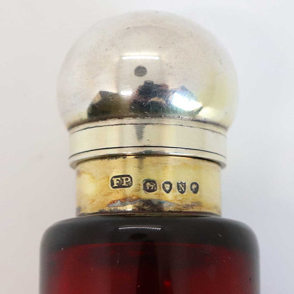 English Frederic Purnell Gilt Sterling Silver, Bristol Ruby Glass Double-Ended Perfume Bottle