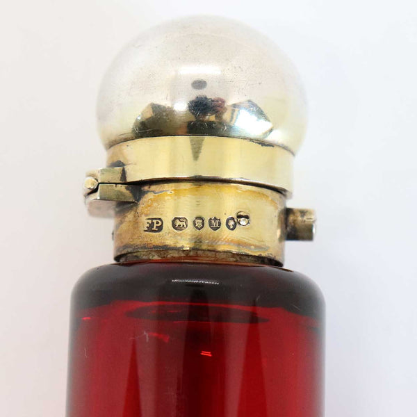 English Frederic Purnell Gilt Sterling Silver, Bristol Ruby Glass Double-Ended Perfume Bottle