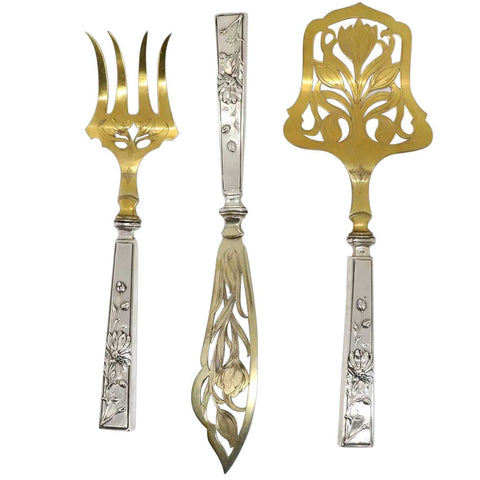 Set of Three Scandinavian Art Nouveau Gilt 830 Silver Fish Service Flatware