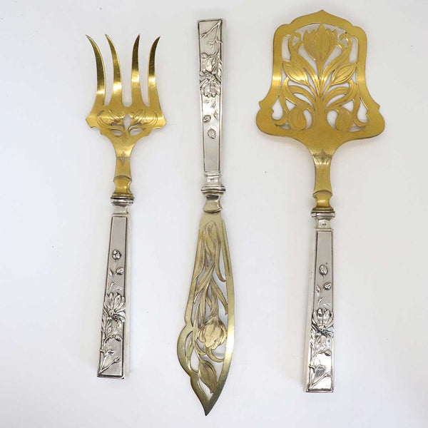 Set of Three Scandinavian Art Nouveau Gilt 830 Silver Fish Service Flatware