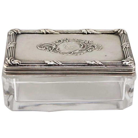 Small French Louis XV Revival Silver Armorial Lid Glass Rectangular Dresser Box