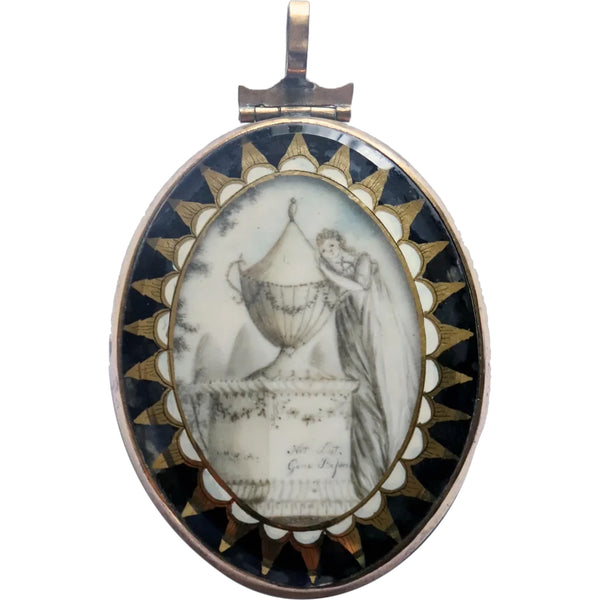 English 10 Karat Gold and Verre Eglomise Memento Mori Sepia Oval Necklace Pendant
