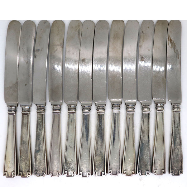 Set 12 American Gorham Sterling Silver and Stainless Steel Etruscan Luncheon Knives
