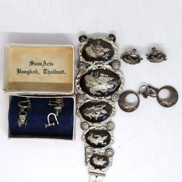 Collection of Vintage Thai/Siam Silver and Black Niello Jewelry (7 pieces)