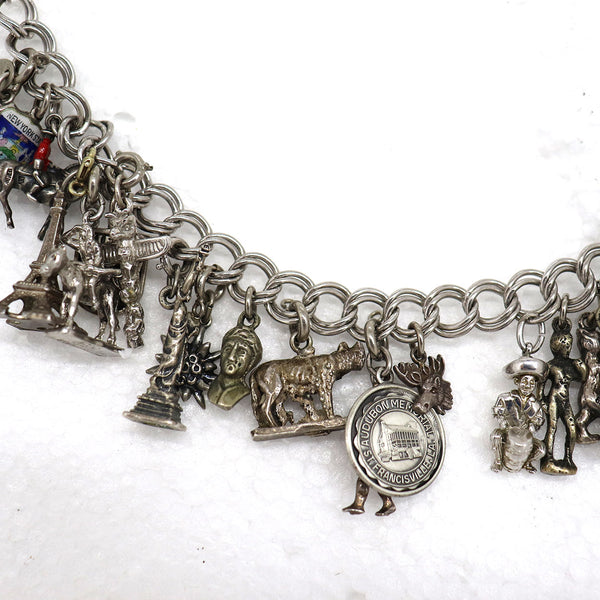 Vintage American and European Sterling Silver 23-Charm Rope Chain Bracelet