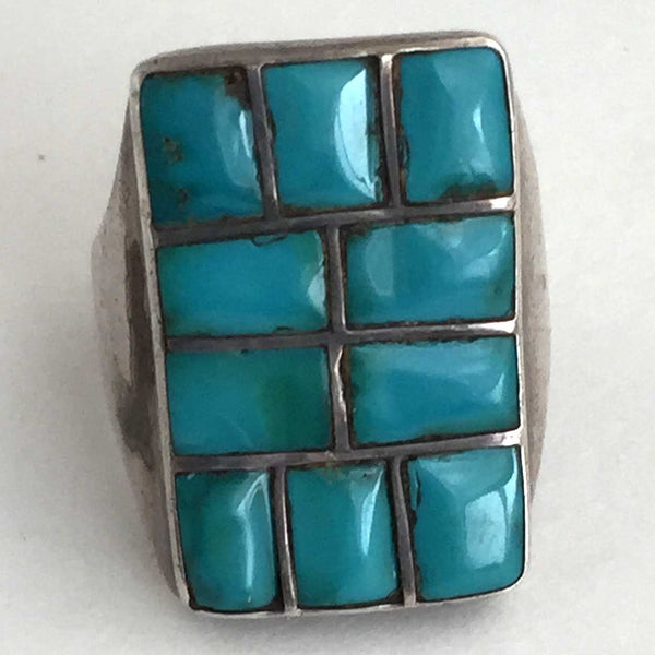 Vintage Native American Silver and Turquoise Mosaic Channel Inlaid Ring