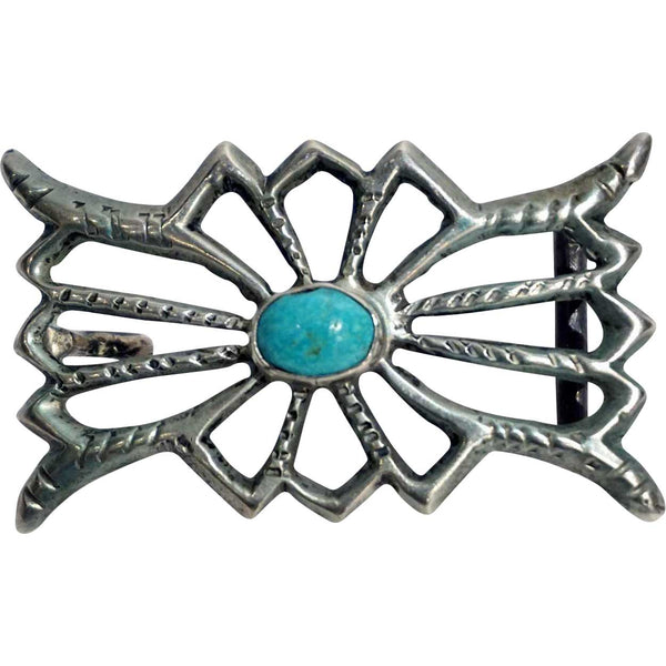 Vintage Native American Indian Sand Cast Silver and Turquoise Cabochon Belt Buckle
