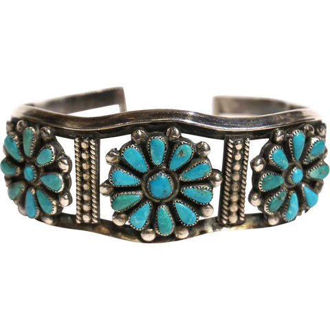 Vintage Native American Zuni Silver and Turquoise Petit Point Cuff Bracelet