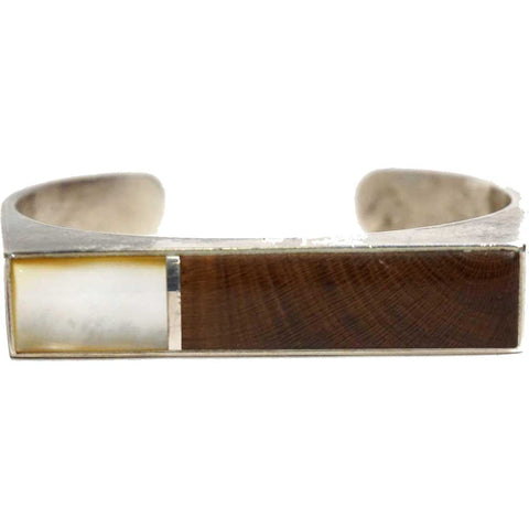 Vintage American Southwest Silver, Inlaid Mother-of-Pearl and Rosewood Cuff Bracelet