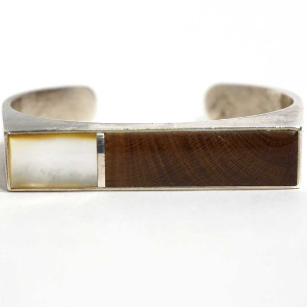 Vintage American Southwest Silver, Inlaid Mother-of-Pearl and Rosewood Cuff Bracelet