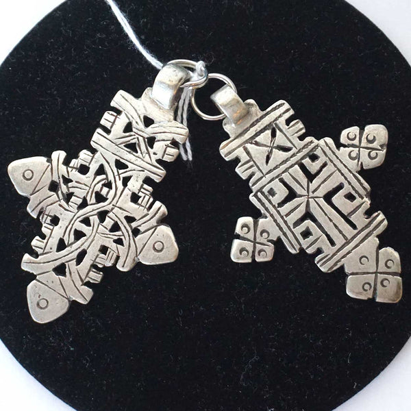 Two Vintage Ethiopian Silver Alloy Axum Coptic Cross Necklace Pendants
