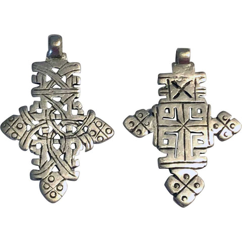 Two Vintage Ethiopian Silver Alloy Axum Coptic Cross Necklace Pendants