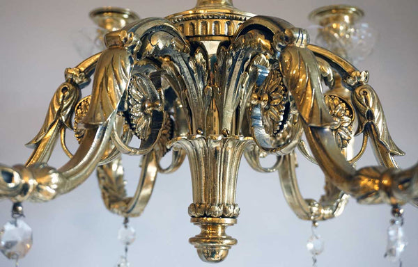 Small French Louis XVI Style Bronze and Crystal Six-Arm Chandelier