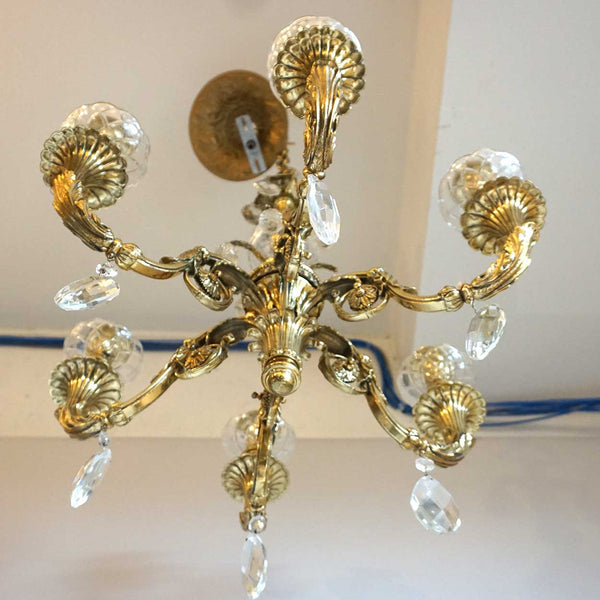 Small French Louis XVI Style Bronze and Crystal Six-Arm Chandelier